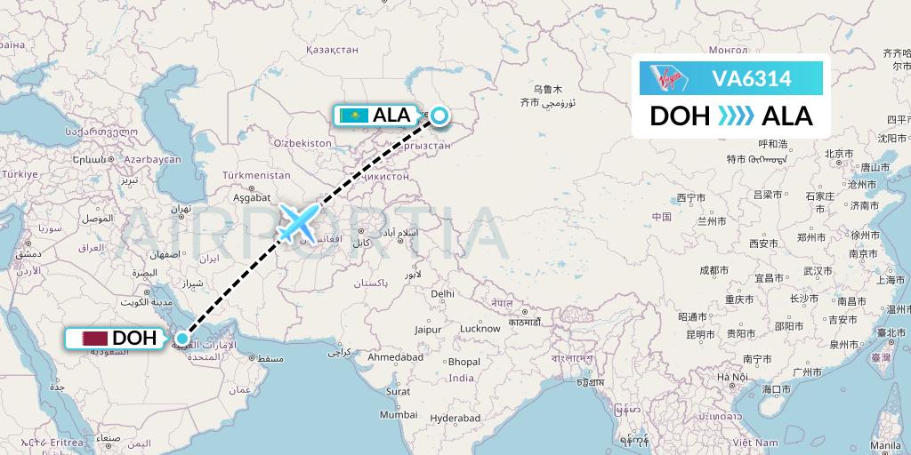 VA6314 Virgin Australia Flight Map: Doha to Almaty