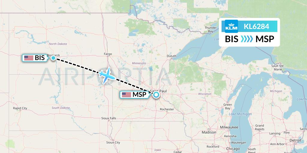 KL6284 KLM Flight Map: Bismarck to Minneapolis