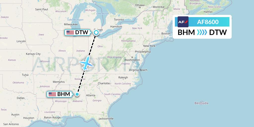 AF8600 Air France Flight Map: Birmingham to Detroit