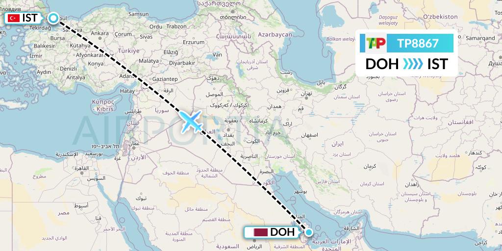 TP8867 TAP Portugal Flight Map: Doha to Istanbul