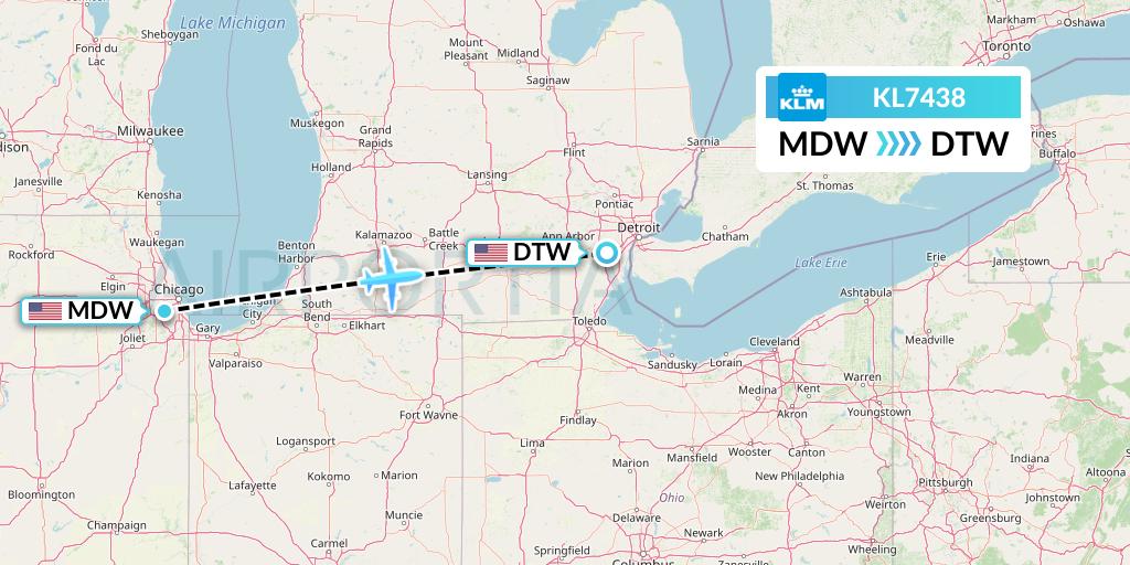 KL7438 KLM Flight Map: Chicago to Detroit