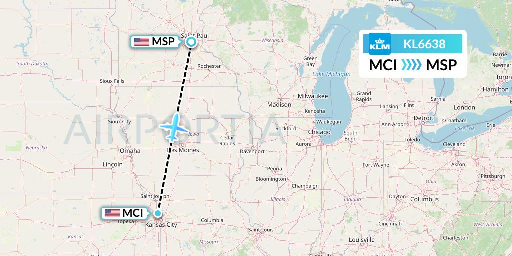 KL6638 KLM Flight Map: Kansas City to Minneapolis