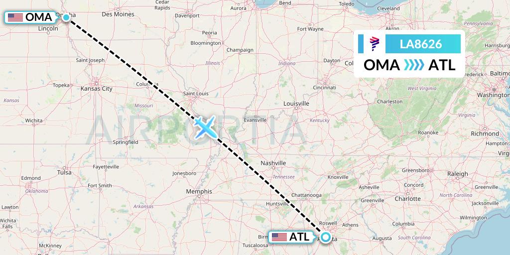 LA8626 LAN Airlines Flight Map: Omaha to Atlanta