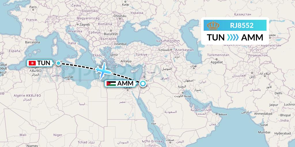 RJ8552 Royal Jordanian Flight Map: Tunis to Amman