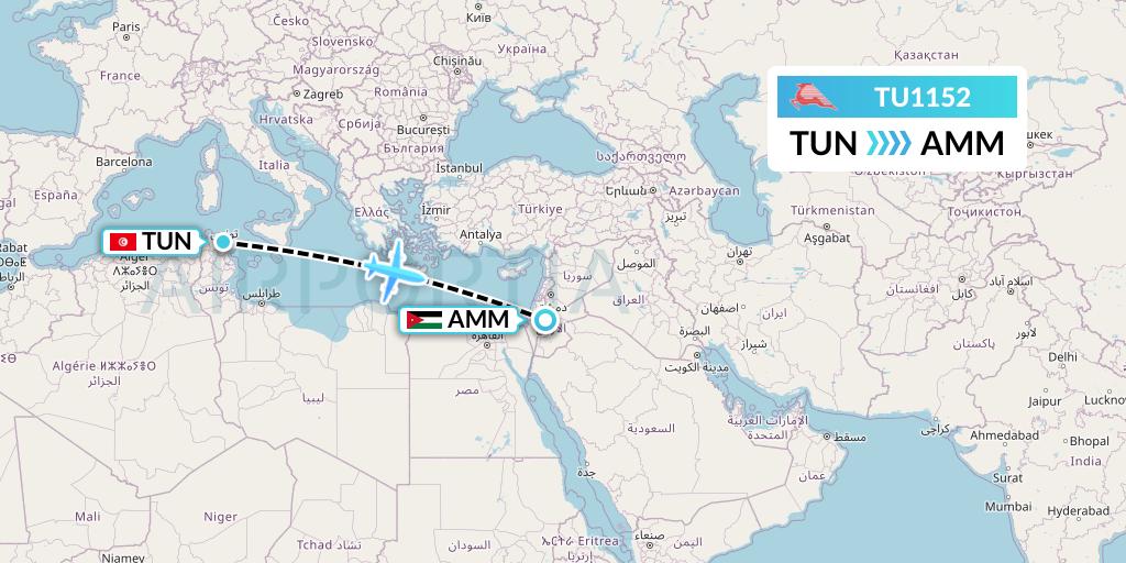 TU1152 Tunisair Flight Map: Tunis to Amman