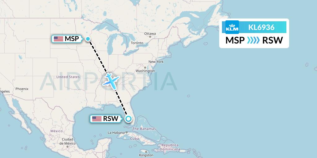 KL6936 KLM Flight Map: Minneapolis to Fort Myers