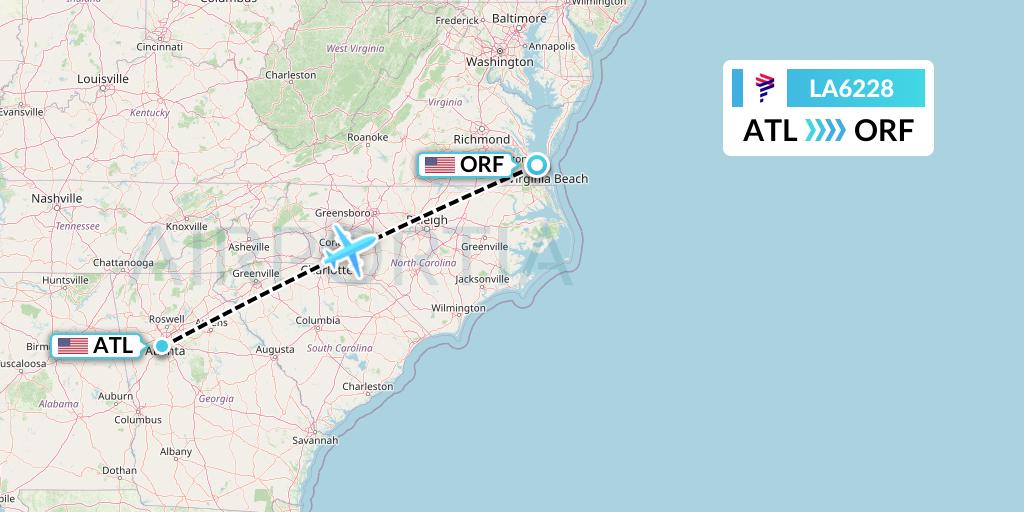LA6228 LAN Airlines Flight Map: Atlanta to Norfolk