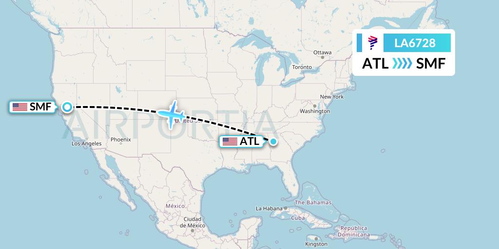 LA6728 LAN Airlines Flight Map: Atlanta to Sacramento