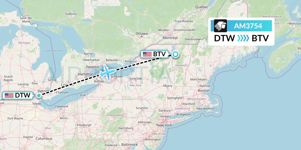 AM3754 Aeromexico Flight Map: Detroit to Burlington