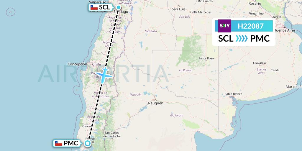 H22087 Sky Airline Flight Map: Santiago to Puerto Montt