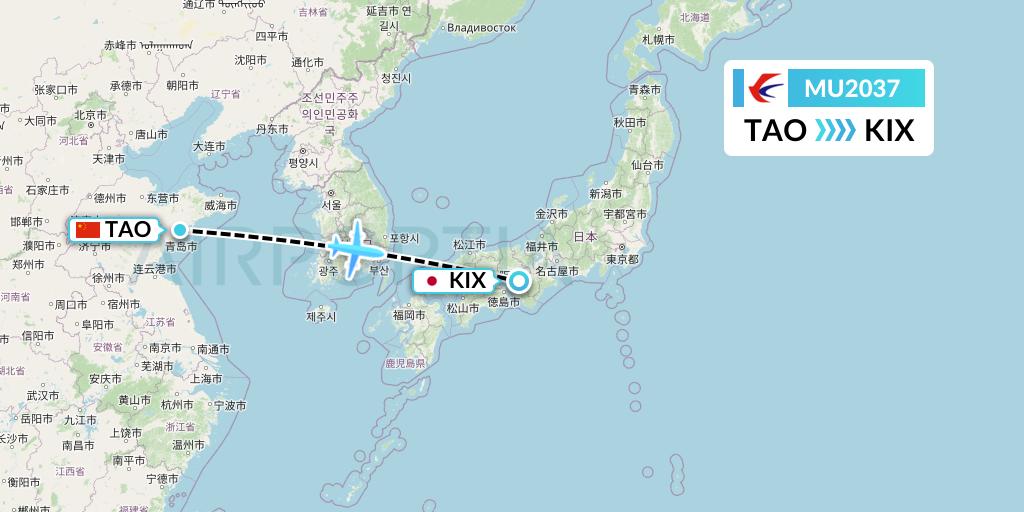 MU2037 China Eastern Airlines Flight Map: Qingdao to Osaka