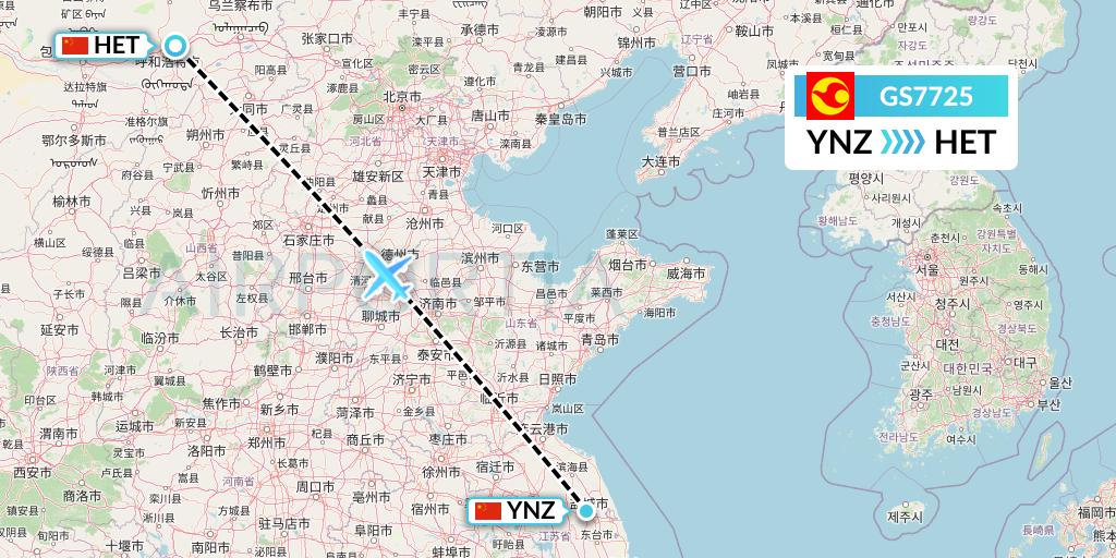 GS7725 Tianjin Airlines Flight Map: Yancheng to Hohhot
