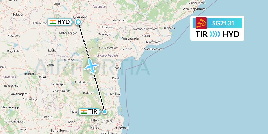 SG2131 SpiceJet Flight Map: Tirupati to Hyderabad
