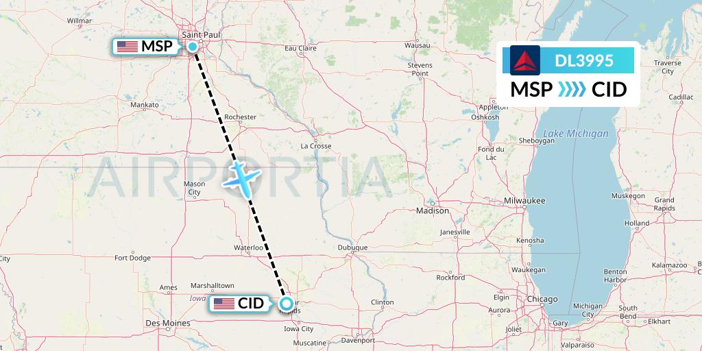 DL3995 Delta Air Lines Flight Map: Minneapolis to Cedar Rapids