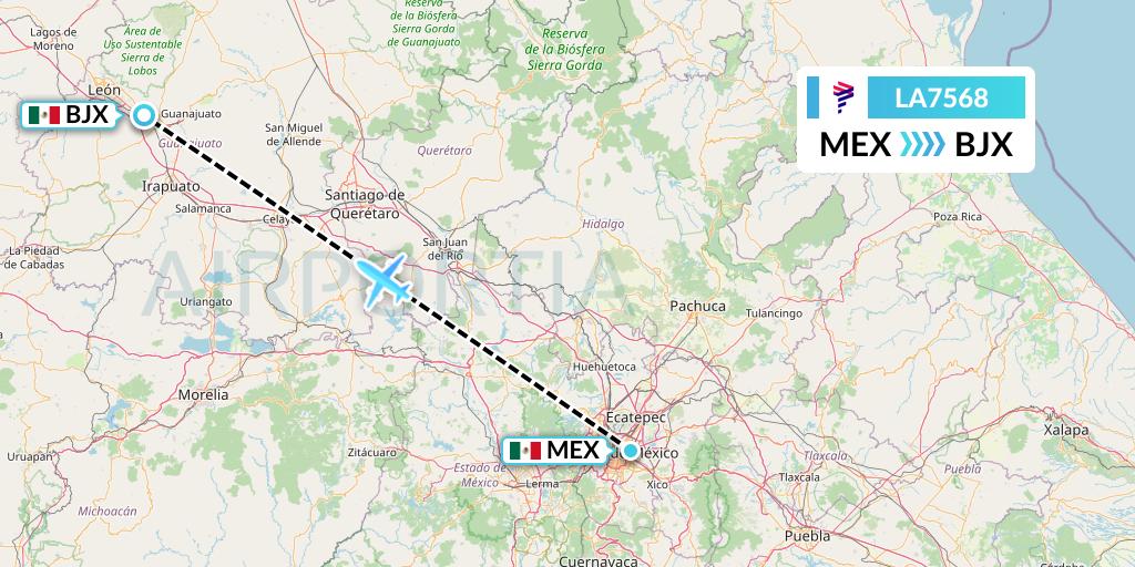 LA7568 LAN Airlines Flight Map: Mexico City to Silao