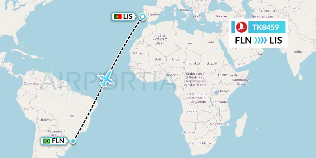 TK8459 Turkish Airlines Flight Map: Florianopolis to Lisbon