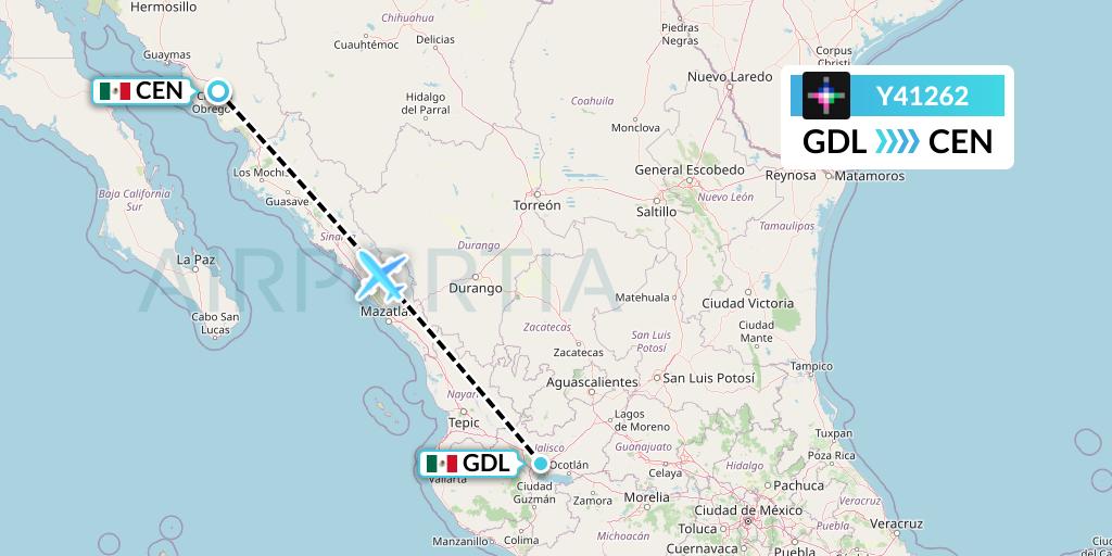 Y41262 Volaris Flight Map: Guadalajara to Ciudad Obregon