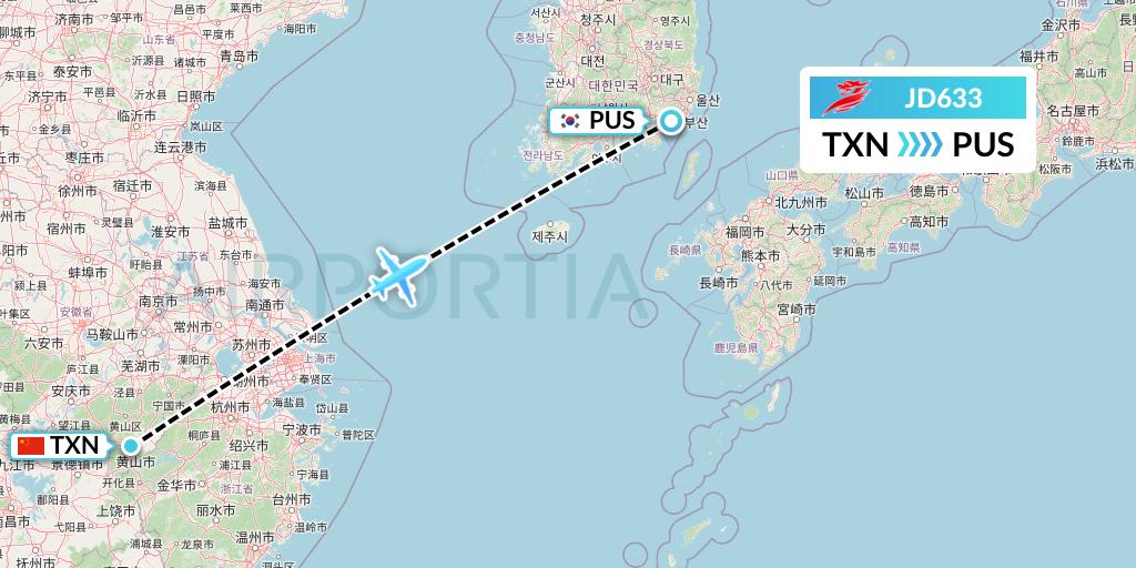 JD633 Capital Airlines Flight Map: Huangshan City to Busan