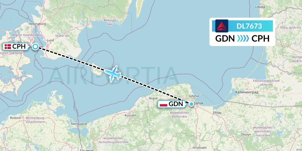 DL7673 Delta Air Lines Flight Map: Gdansk to Copenhagen