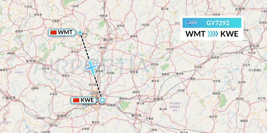 GY7292 Colorful GuiZhou Airlines Flight Map: Zunyi to Guiyang