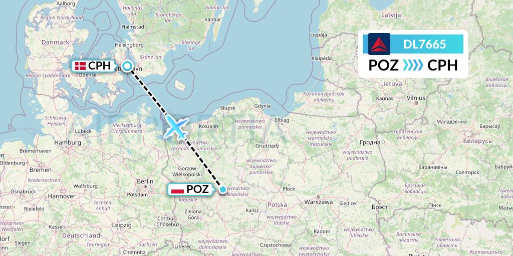 DL7665 Delta Air Lines Flight Map: Poznan to Copenhagen