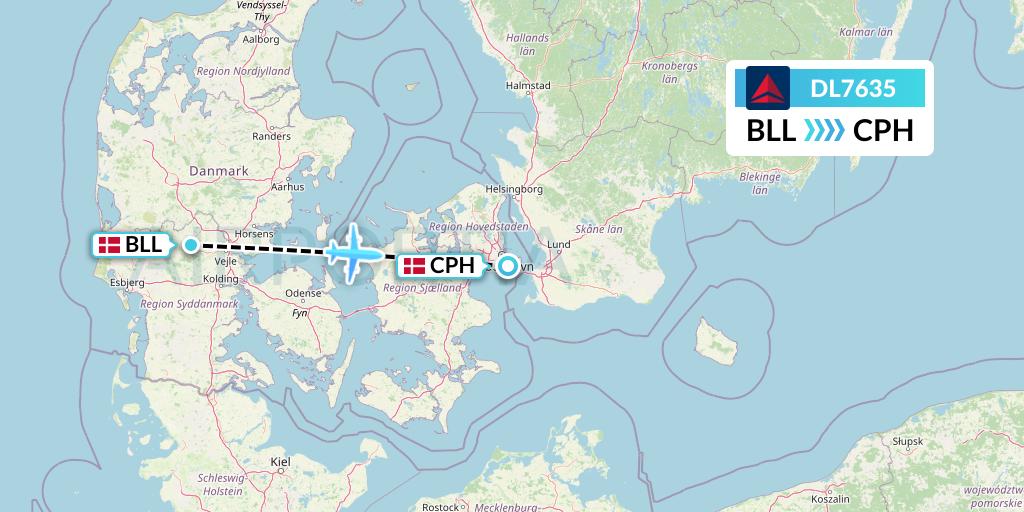 DL7635 Delta Air Lines Flight Map: Billund to Copenhagen