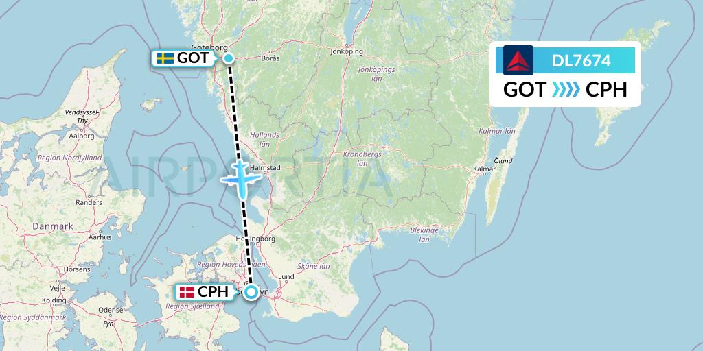 DL7674 Delta Air Lines Flight Map: Gothenburg to Copenhagen