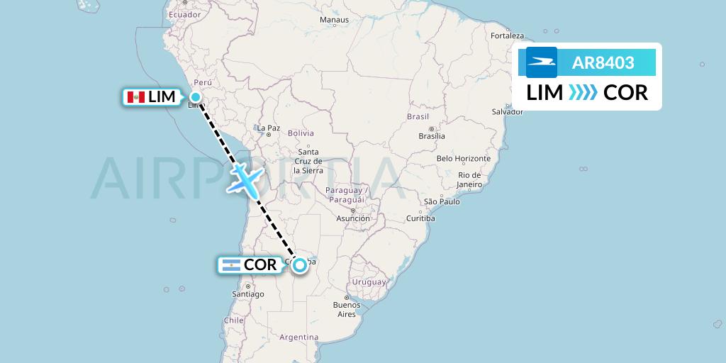 AR8403 Aerolineas Argentinas Flight Map: Lima to Cordoba