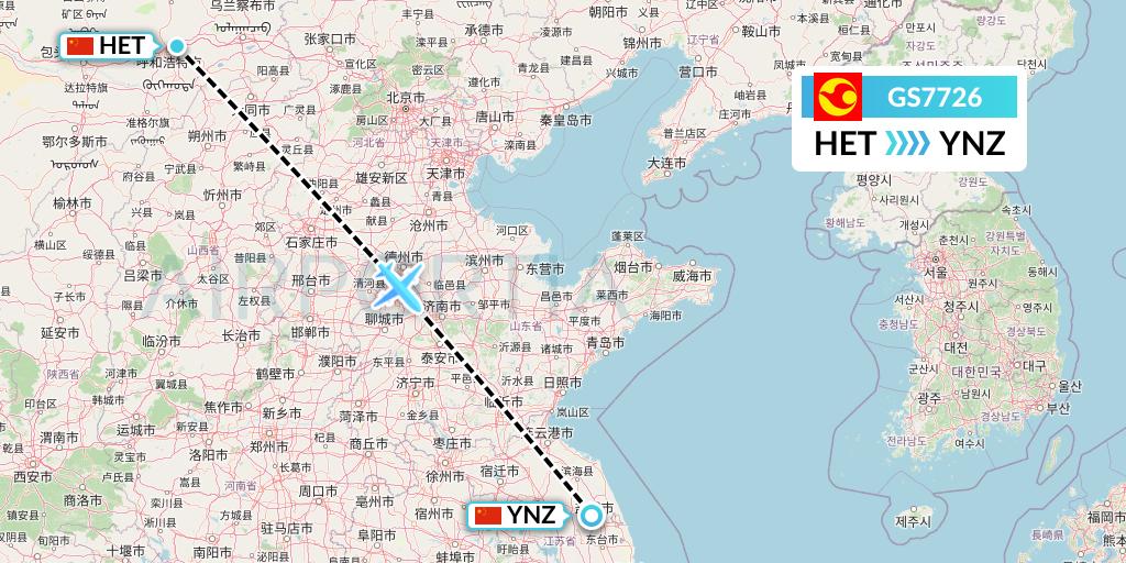GS7726 Tianjin Airlines Flight Map: Hohhot to Yancheng
