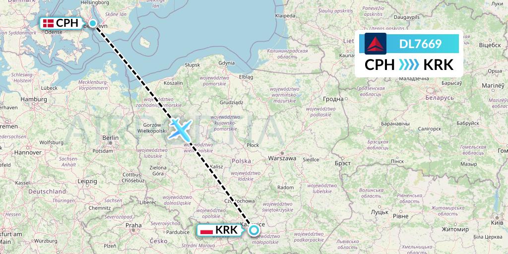 DL7669 Delta Air Lines Flight Map: Copenhagen to Krakow