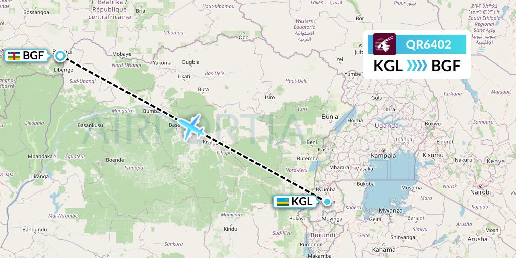 QR6402 Qatar Airways Flight Map: Kigali to Bangui