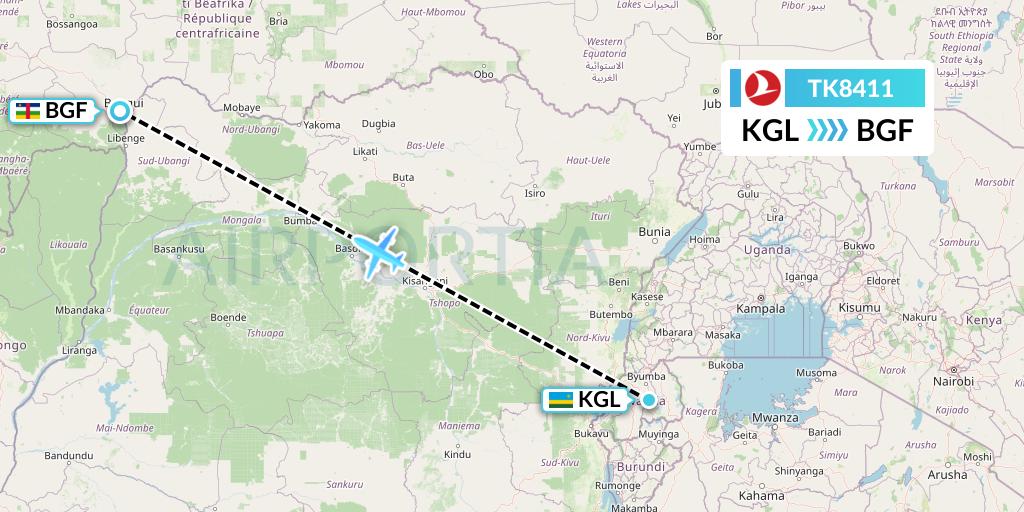 TK8411 Turkish Airlines Flight Map: Kigali to Bangui