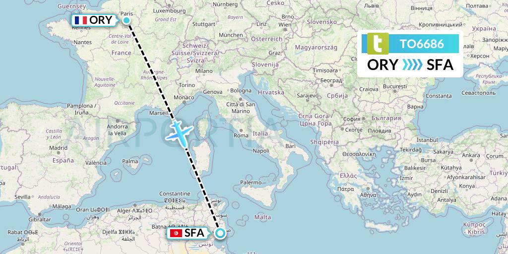 TO6686 Transavia France Flight Map: Paris to Sfax