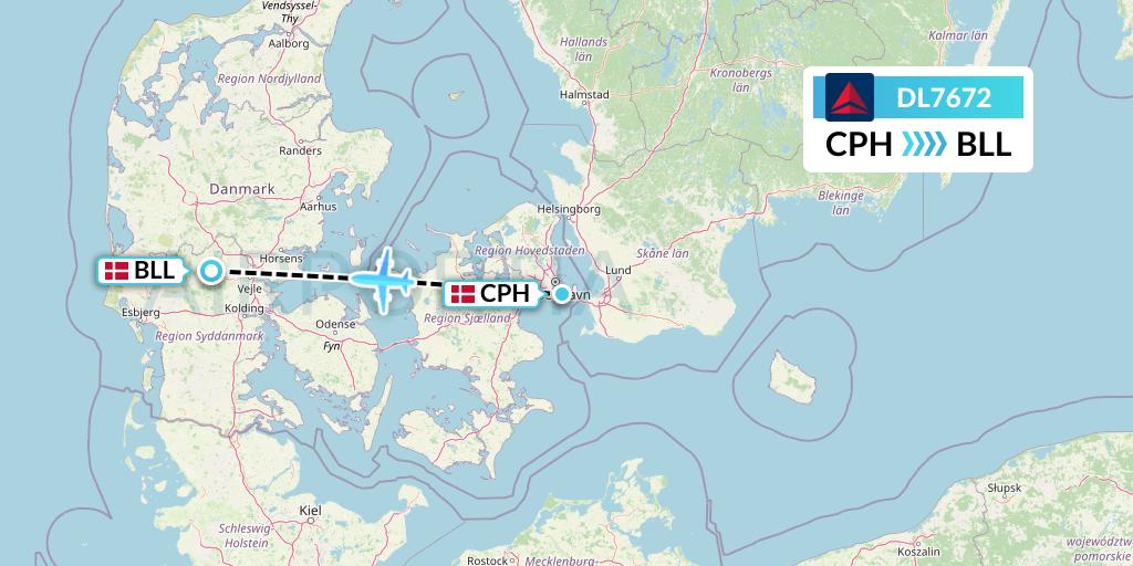 DL7672 Delta Air Lines Flight Map: Copenhagen to Billund