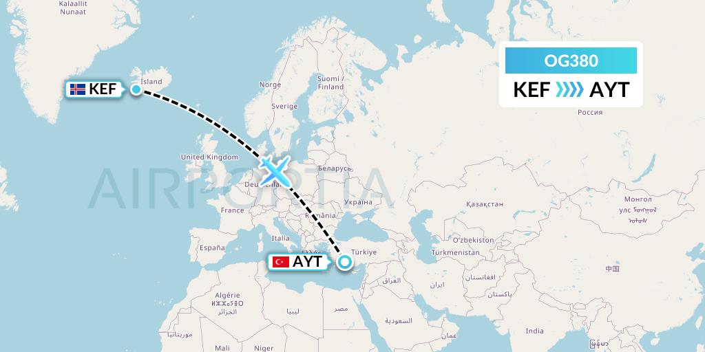 OG380 Fly Play Flight Map: Reykjavik to Antalya