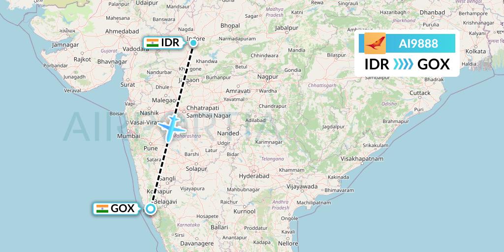 AI9888 Air India Flight Map: Indore to Goa