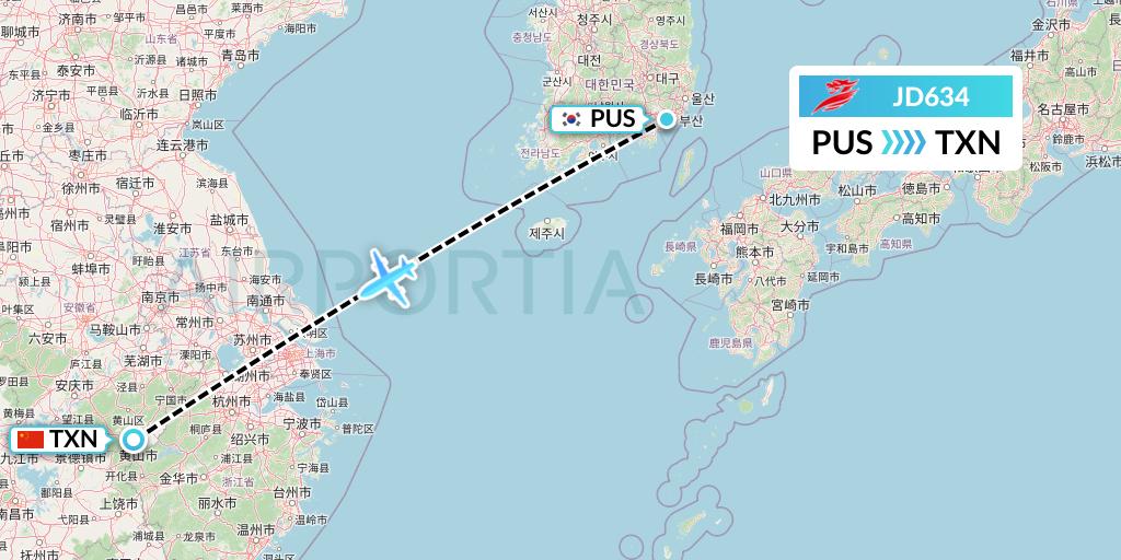 JD634 Capital Airlines Flight Map: Busan to Huangshan City