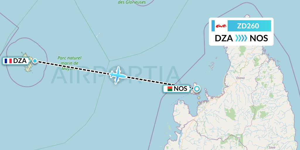 ZD260 EWA Air Flight Map: Dzaoudzi to Nosy Be