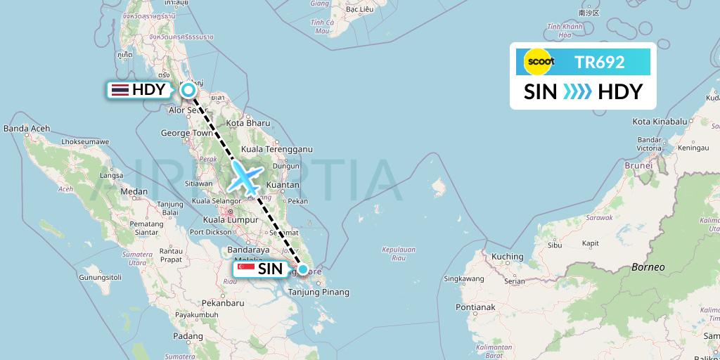 TR692 Tigerair Flight Map: Singapore to Hat Yai