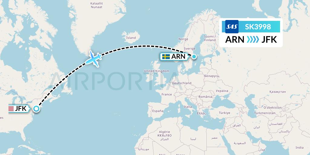 SK3998 SAS Flight Map: Stockholm to New York