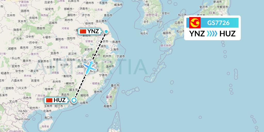 GS7726 Tianjin Airlines Flight Map: Yancheng to Huizhou