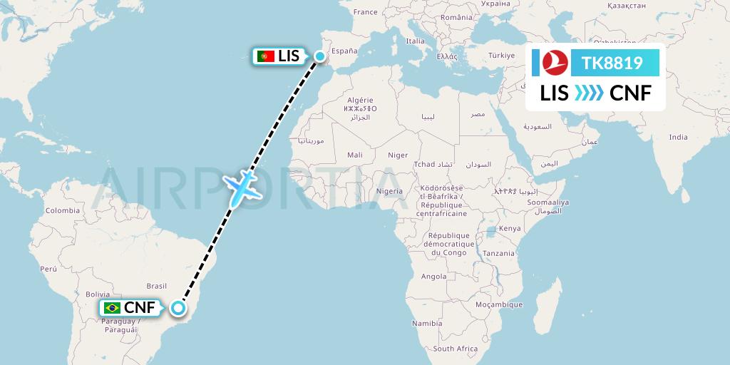 TK8819 Turkish Airlines Flight Map: Lisbon to Belo Horizonte