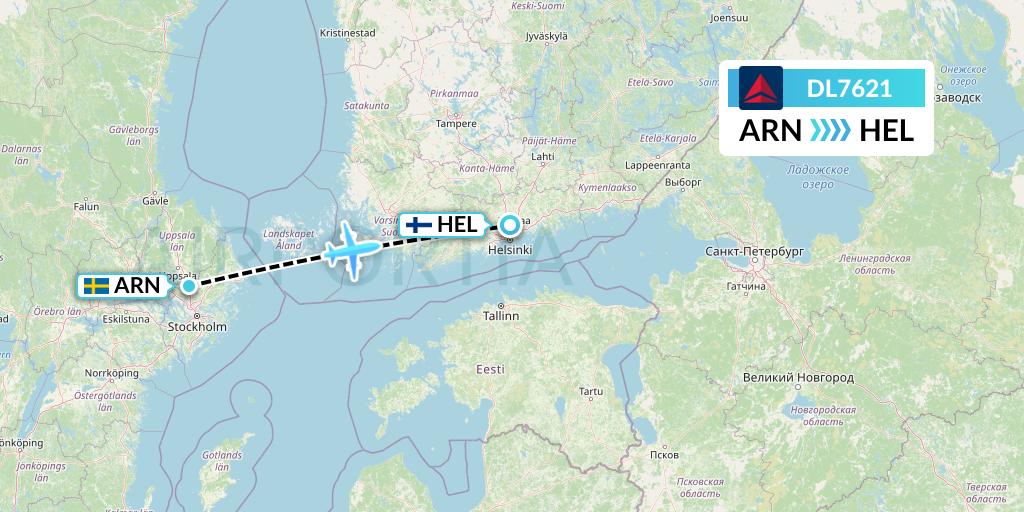 DL7621 Delta Air Lines Flight Map: Stockholm to Helsinki