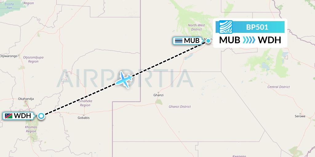BP501 Air Botswana Flight Map: Maun to Windhoek