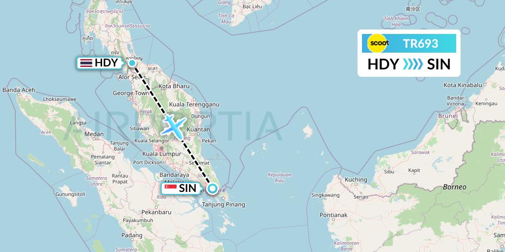 TR693 Tigerair Flight Map: Hat Yai to Singapore