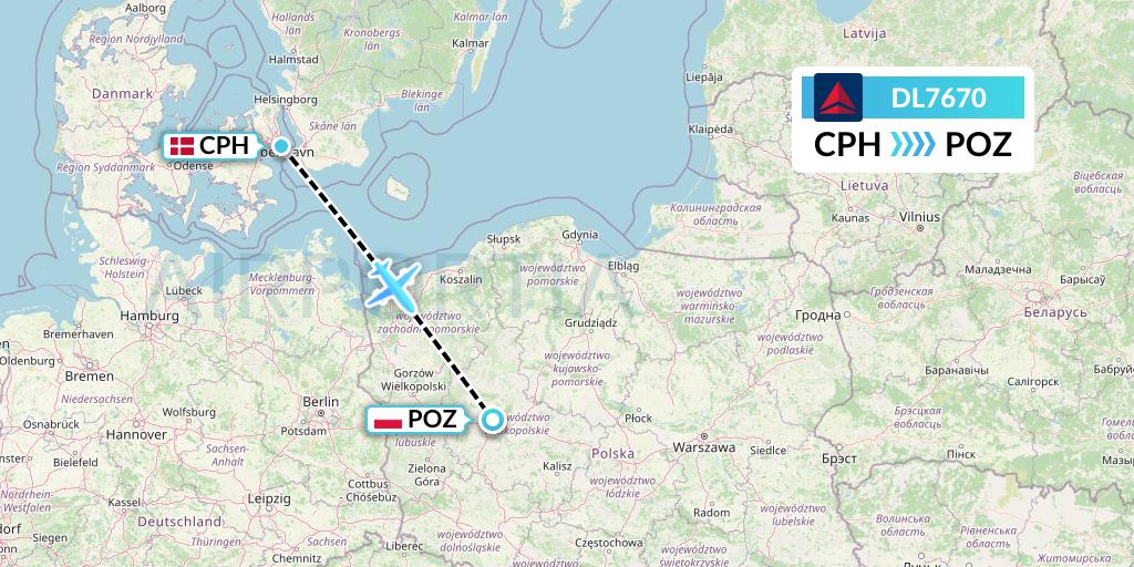 DL7670 Delta Air Lines Flight Map: Copenhagen to Poznan