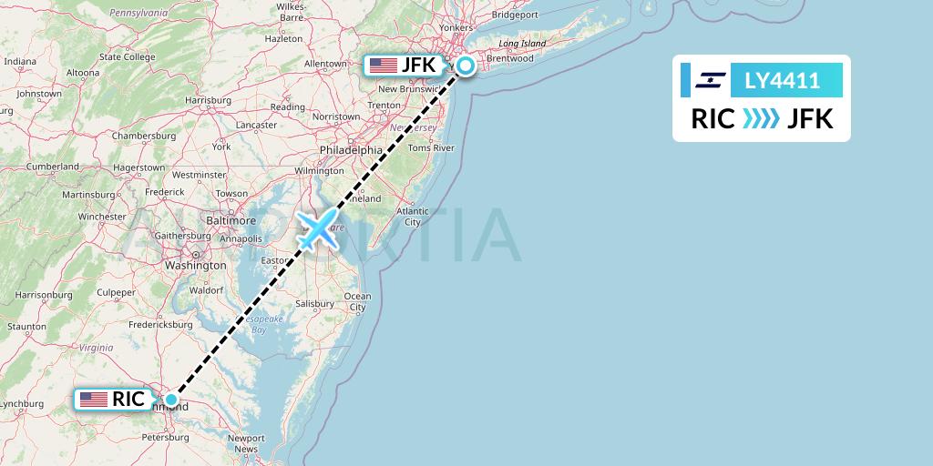 LY4411 El Al Flight Map: Richmond to New York