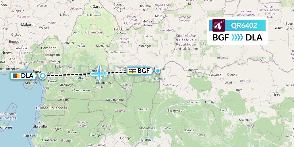 QR6402 Qatar Airways Flight Map: Bangui to Douala