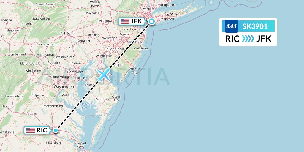 SK3901 SAS Flight Map: Richmond to New York