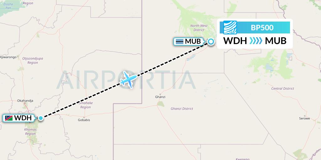 BP500 Air Botswana Flight Map: Windhoek to Maun